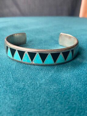 VTG Leonard Pacquin Zuni Heavy Inlay Sterling Silver Turquoise Cuff Bracelet